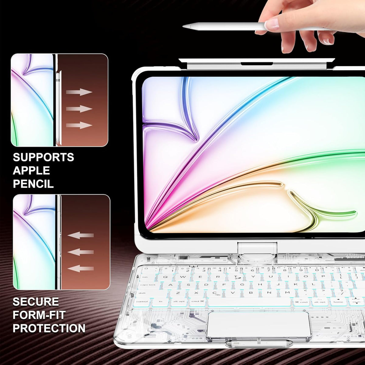 Transparent Rotating iPad Keyboard Case features