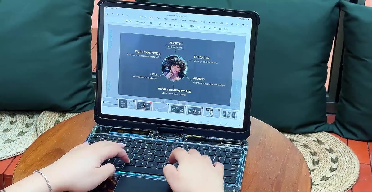 Actual transparent keyboard case and integrated trackpad in use