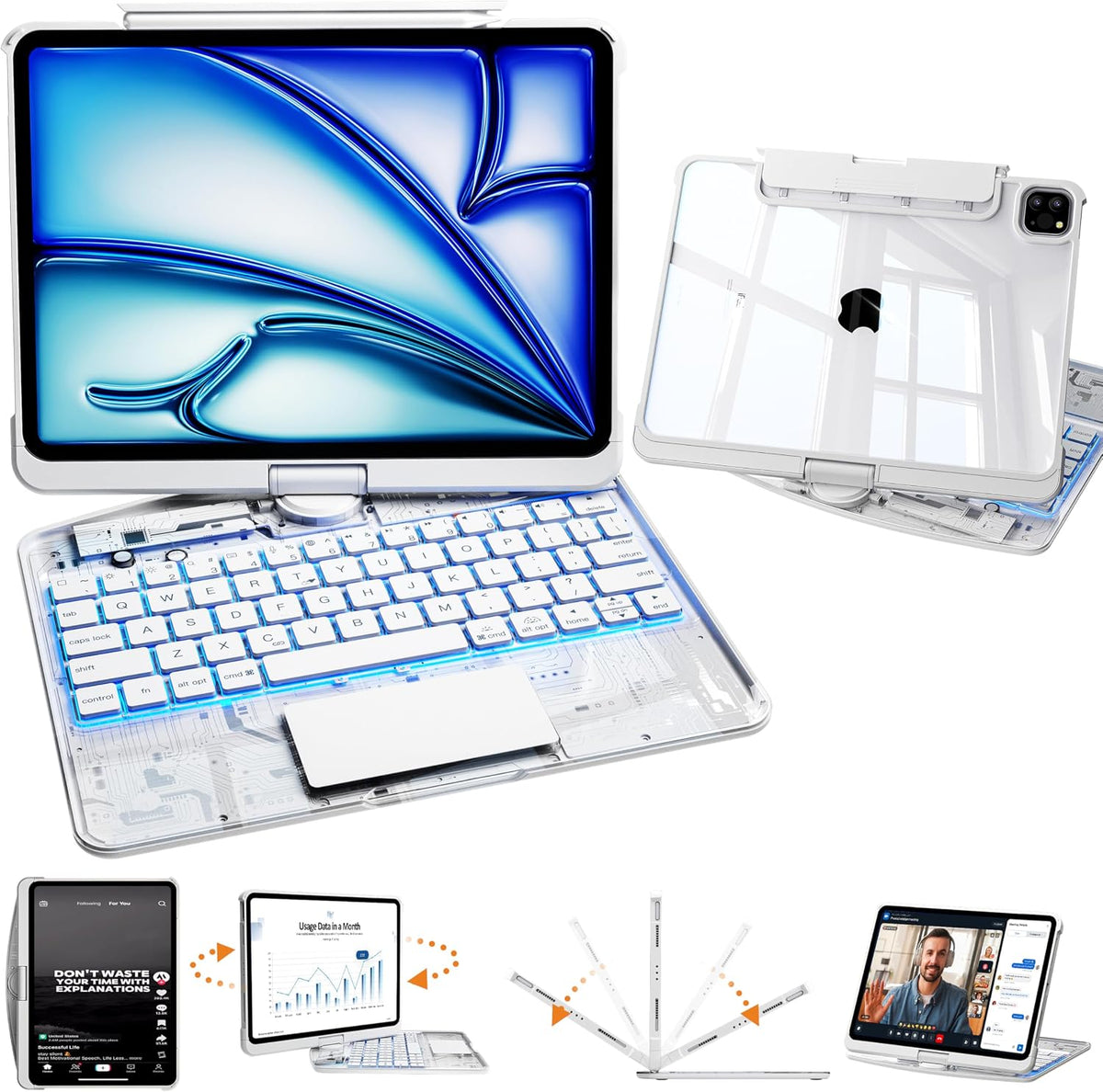 Transparent Rotating iPad Keyboard Case — White