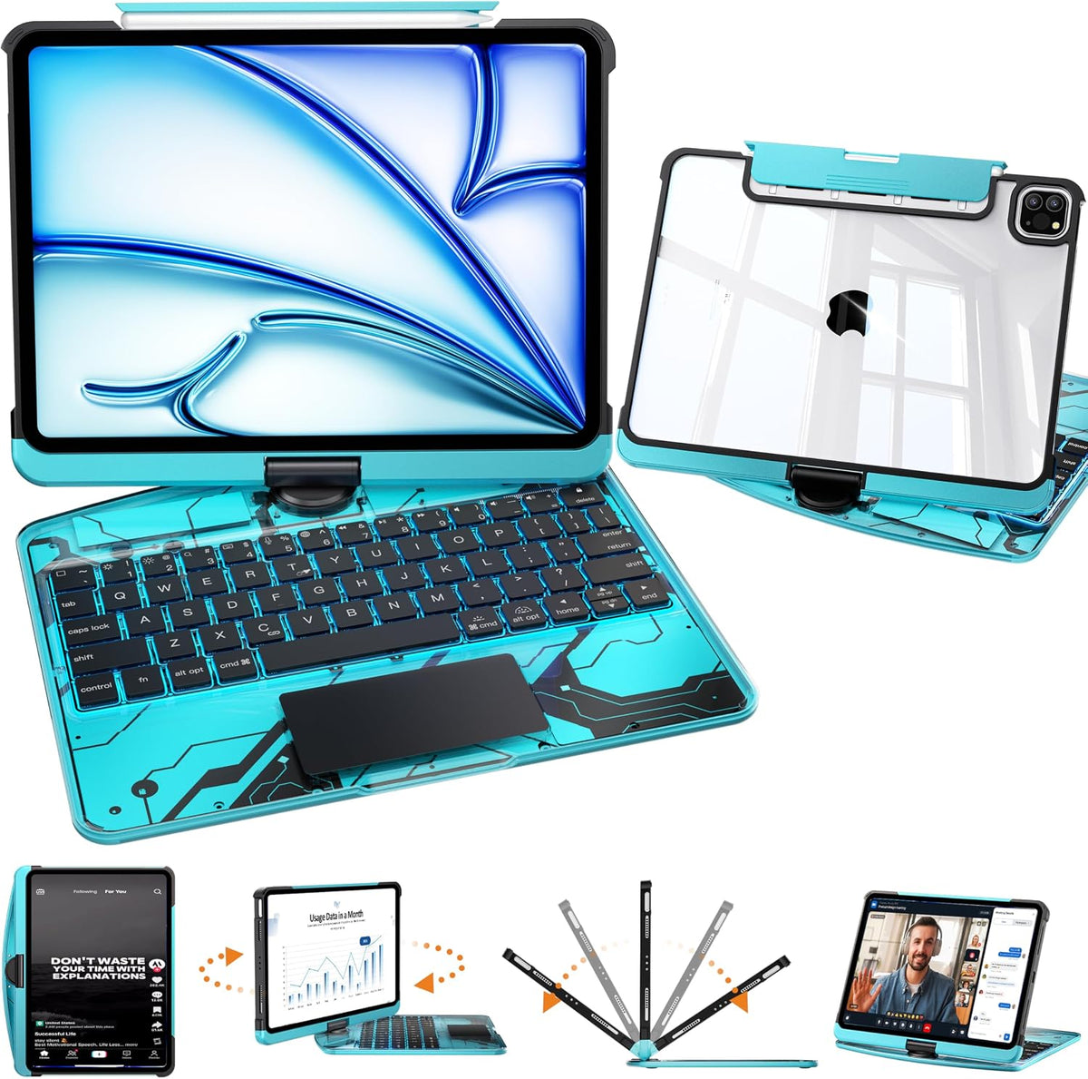 Y2K Style Rotating iPad Keyboard Case — Blue